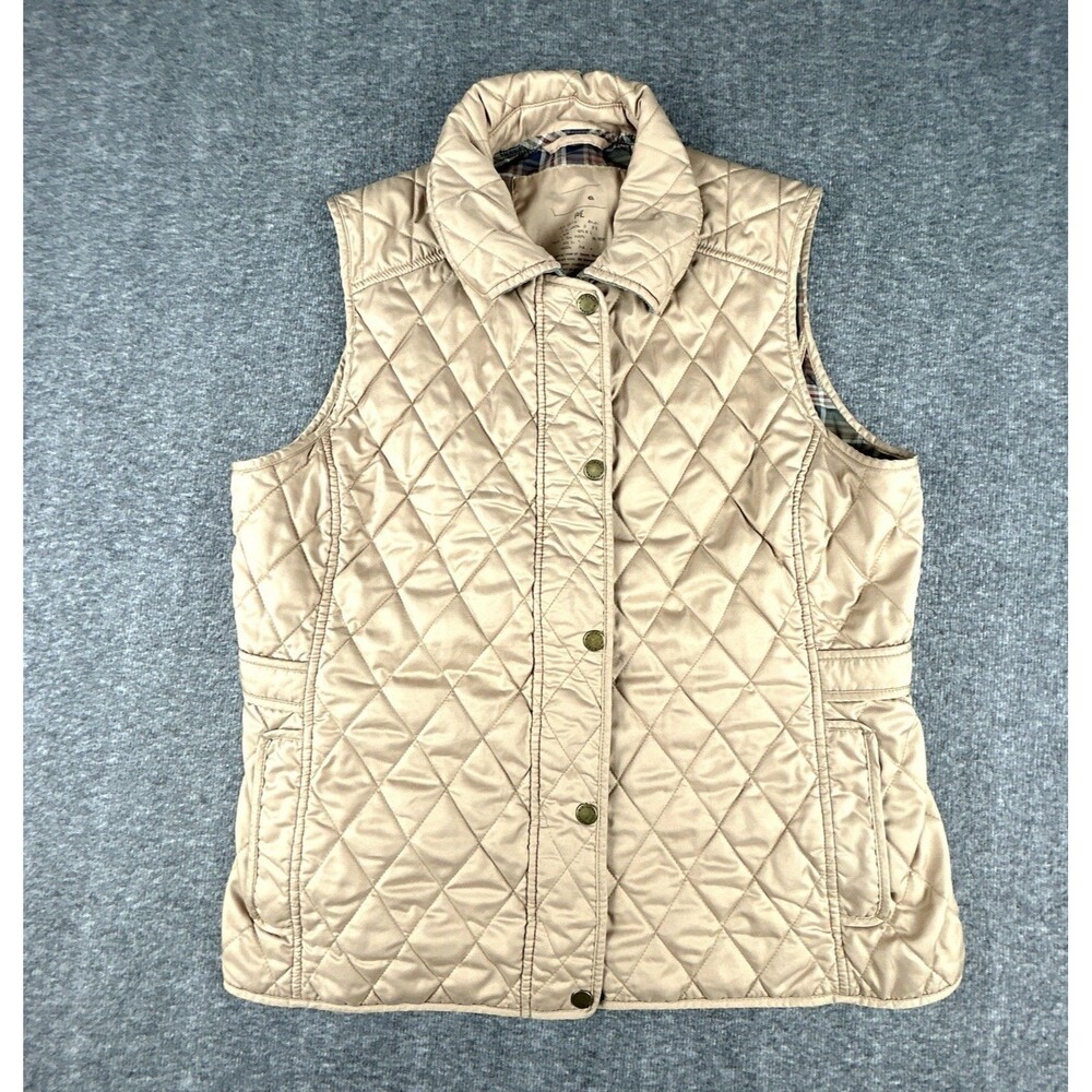 LL BEAN Quilted Barn Vest Women's Size M Beige Full Zip Insulated Plaid Lined